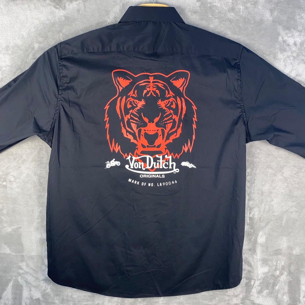 Von Dutch Originals Men Black Button Up Shirt Tiger Graphic Long Sleeve Sz L NWT